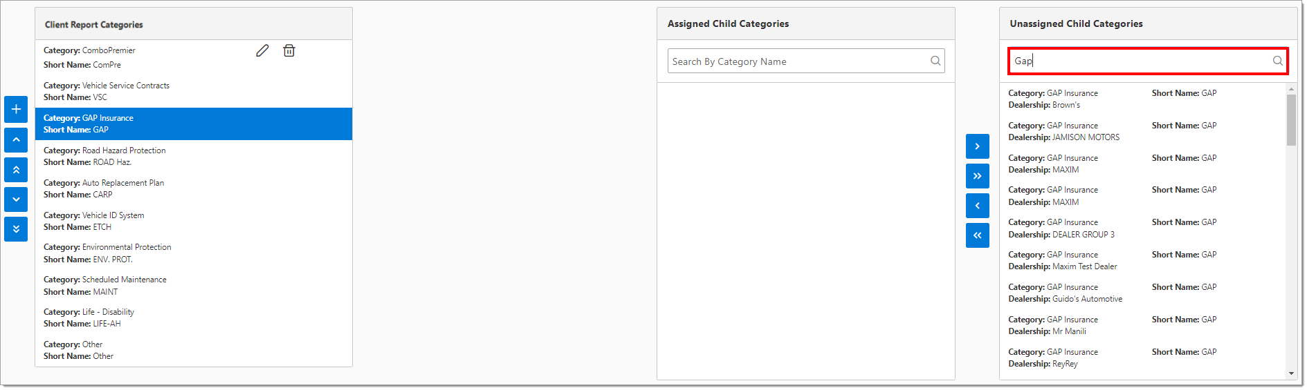 The Category Mapping Setup page with a client report category highlighted and the Search field in the ‘Unassigned Child Categories’ panel highlighted by a box.