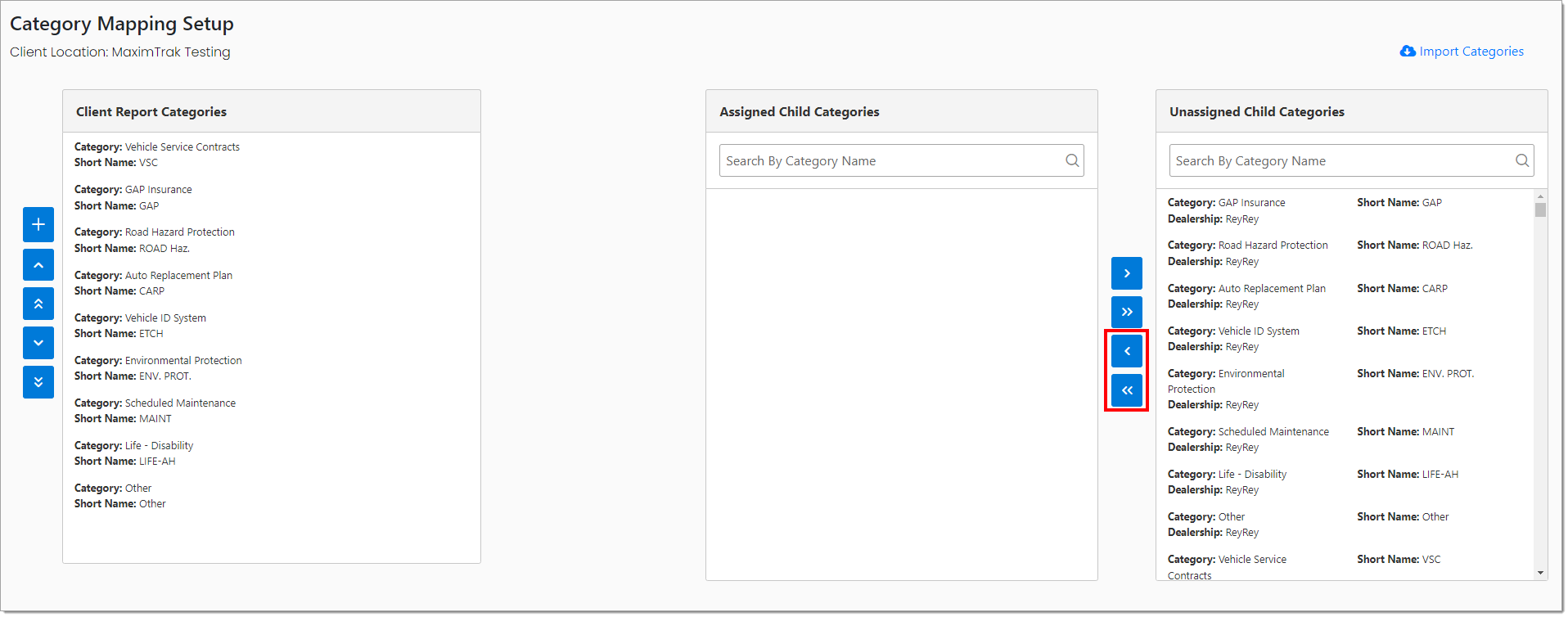 A cropped view of the Category Mapping Setup page with a box highlighting the two buttons with arrows pointing from the ‘Unassigned Child Categories’ panel to the ‘Assigned Child Categories’ panel.