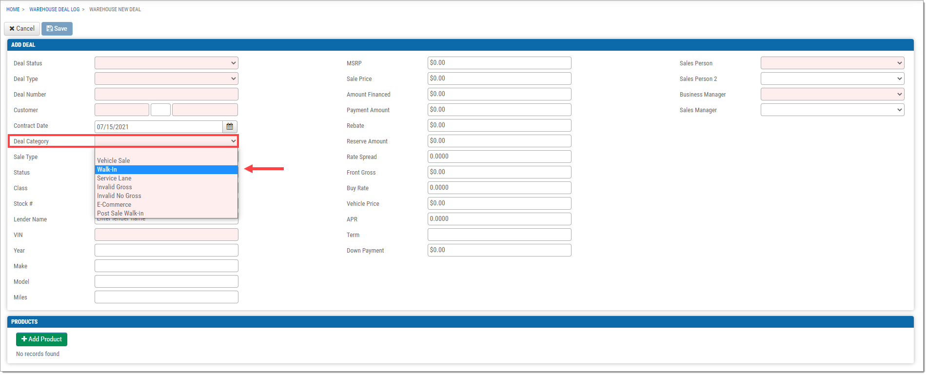 The New Warehouse Deal page with a box highlighting the expanded ‘Deal Category’ drop-down menu and an arrow pointing to the hovered-over ‘Walk-In’ option.