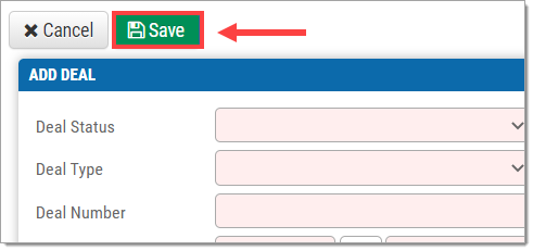 A zoomed-in view of the upper left corner of the New Warehouse Deal page with the ‘Save’ button highlighted by a box with an arrow pointing to it.