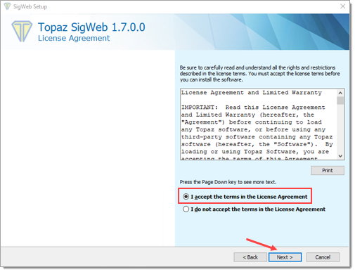 Select radio button to accept terms and click the ‘Next’ button. Select radio button to accept terms and click the ‘Next’ button.