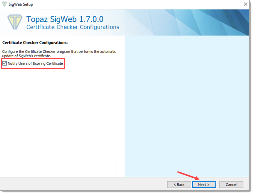Select ‘Notify Users of Expiring Certificate’ checkbox and click the ‘Next’ button. Select ‘Notify Users of Expiring Certificate’ checkbox and click the ‘Next’ button.