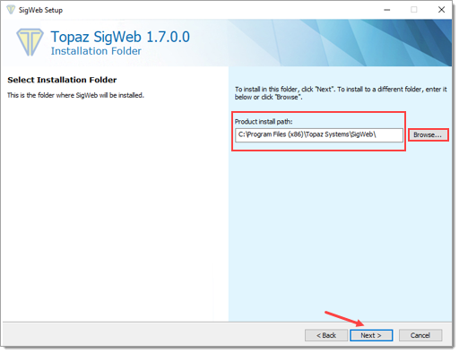 Default ‘Product install path’ shown. Click ‘Next’ button to accept, or click ‘Browse’ button to modify path. Default ‘Product install path’ shown. Click ‘Next’ button to accept, or click ‘Browse’ button to modify path.