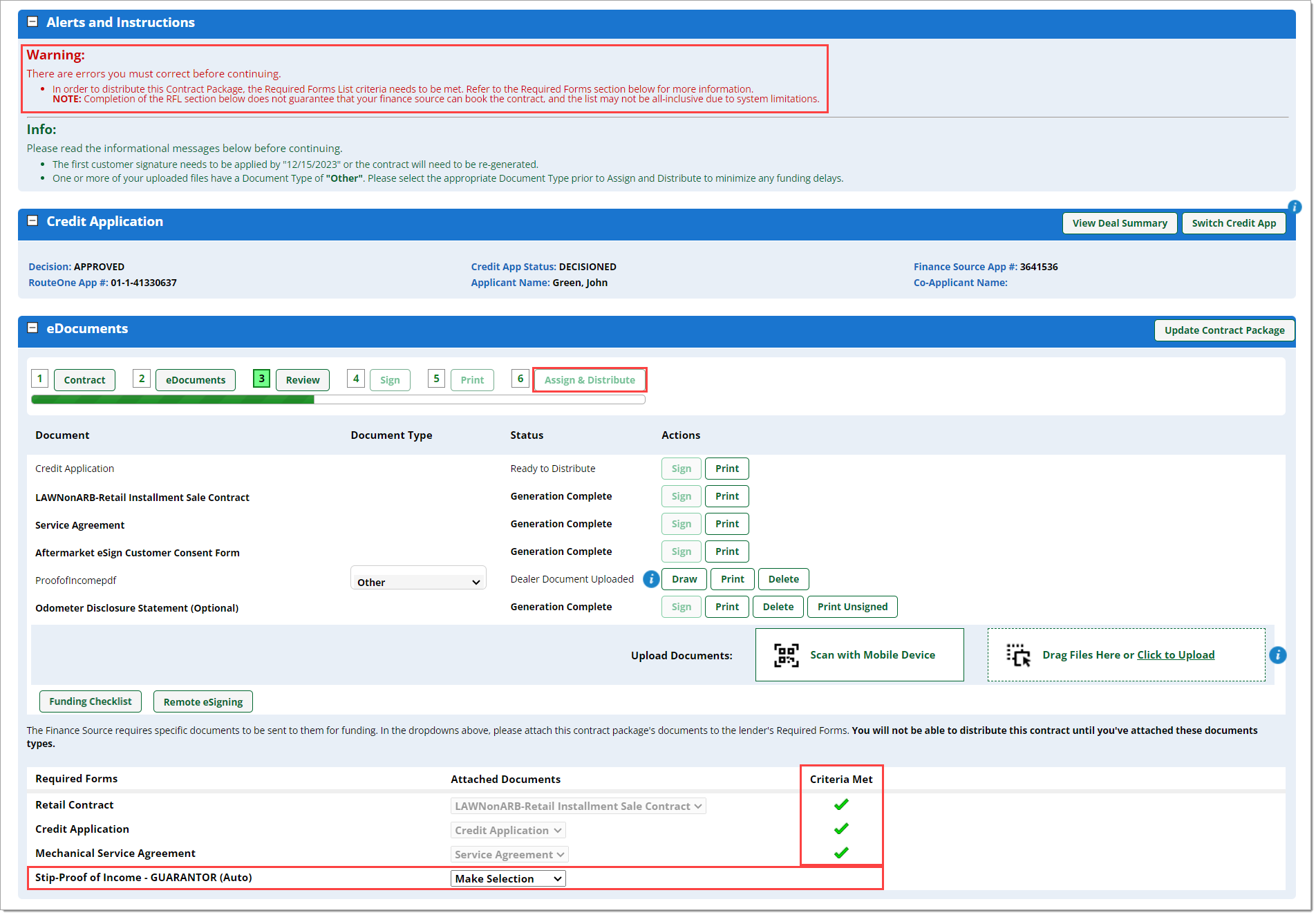 The Contract Package page with a box highlighting the red ‘Warning’ message, a box highlighting the greyed-out ‘Assign and Distribute’ button, and boxes highlighting the check marked ‘Criteria Met’ column and the ‘Proof of Income’ row without a checkmark.