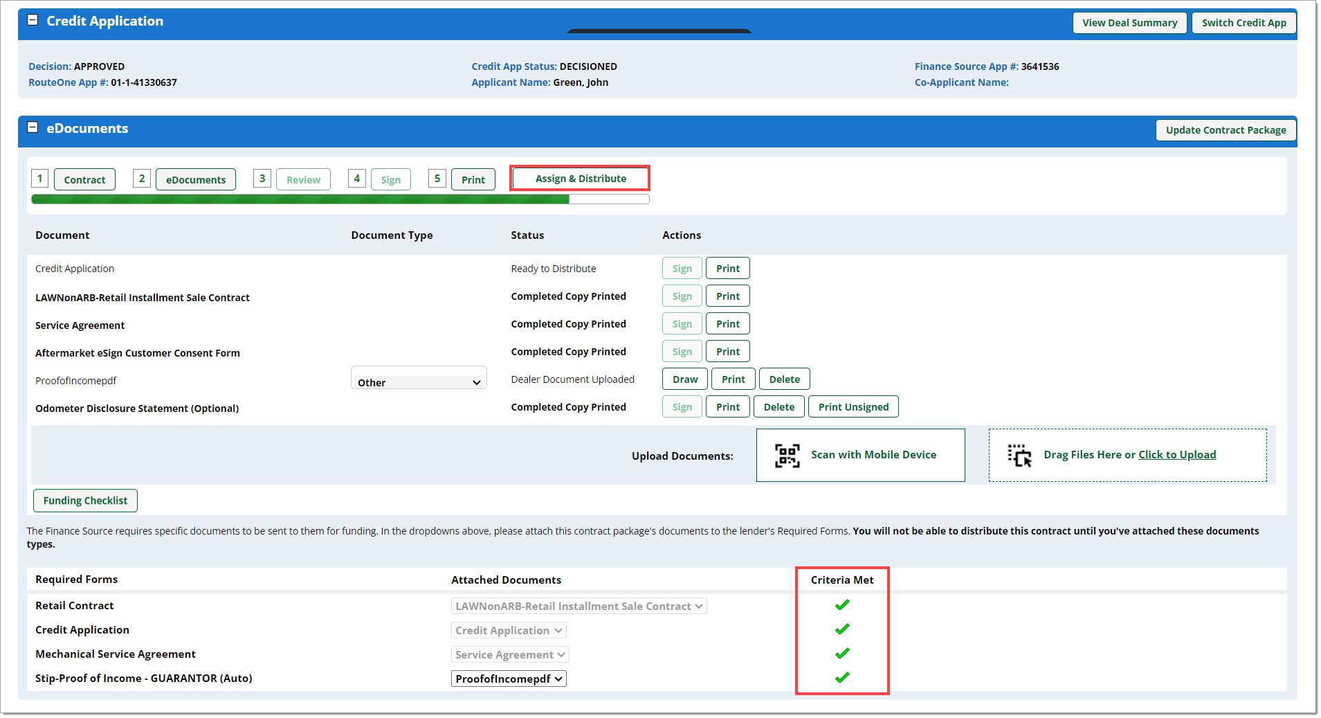 The Contract Package page with an arrow pointing to the available ‘Assign and Distribute’ button and a box highlighting the ‘Criteria Met’ column with check marks in every row.