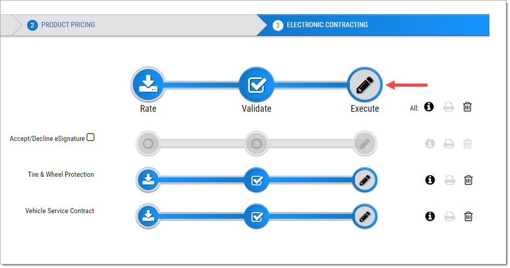 Step 3 (Electronic Contracting) of the Deal Wizard in Menu. All contracts have been marked as rated and validated but not yet executed.  There is an arrow pointing to the Execute button at the top of the page. 