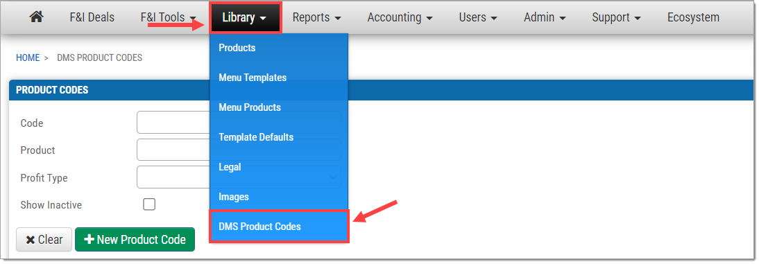 The top menu of the Menu homepage with the Library dropdown menu open and highlighted by a box, and a box highlighting the ’DMS Product Codes’ option. 