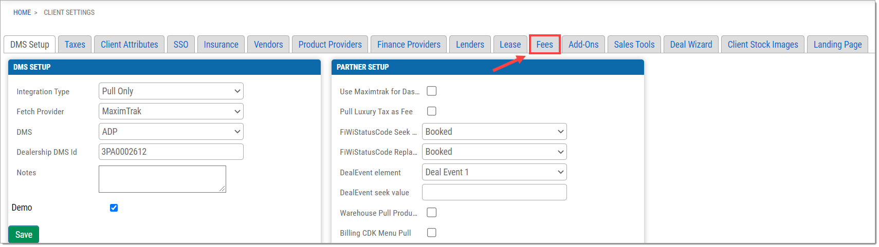 The Client Settings page, with a box highlighting and arrow pointing to the ’Fees’ tab.