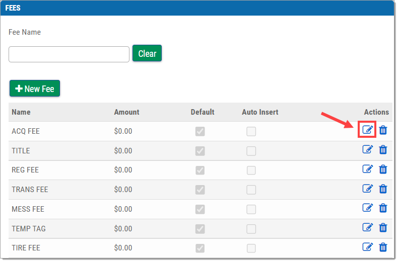 The Fees page, with an arrow pointing to the ‘Edit’ icon. 