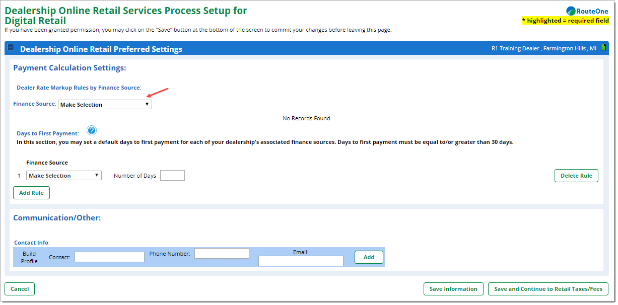 The Dealership Online Retail Services Process Setup for Digital Retail page with an arrow pointing to the ‘Finance Source’ drop-down menu.