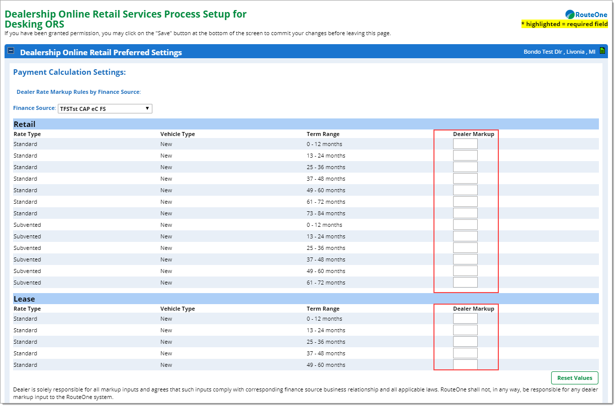 The Dealership Online Retail Services Process Setup for Desking ORS page with boxes highlighting the ‘Dealer Markup’ columns for both the ‘Retail’ and ‘Lease’ sections.