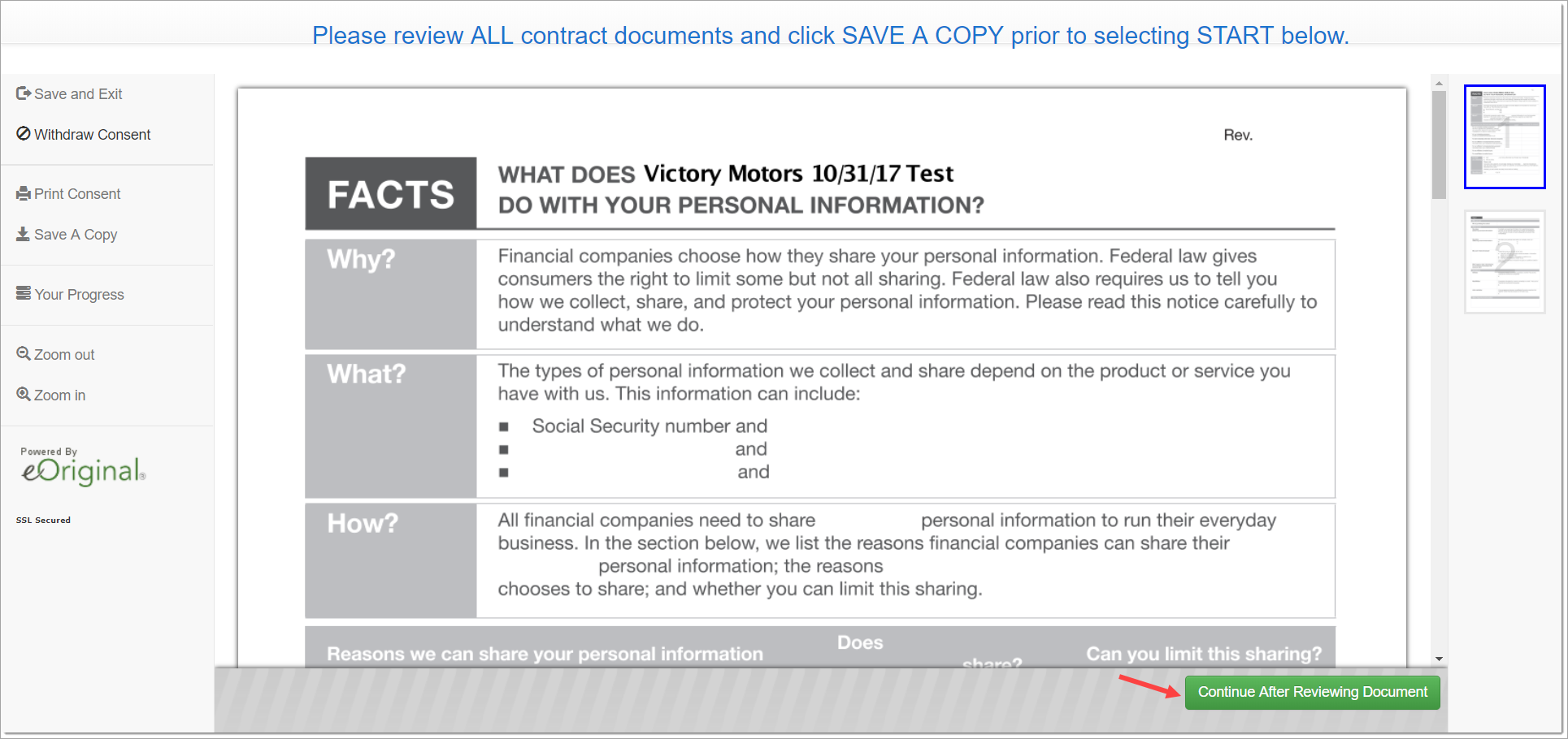 In signing room, review ‘Privacy Notice’ document, click ‘Continue After Reviewing Document’