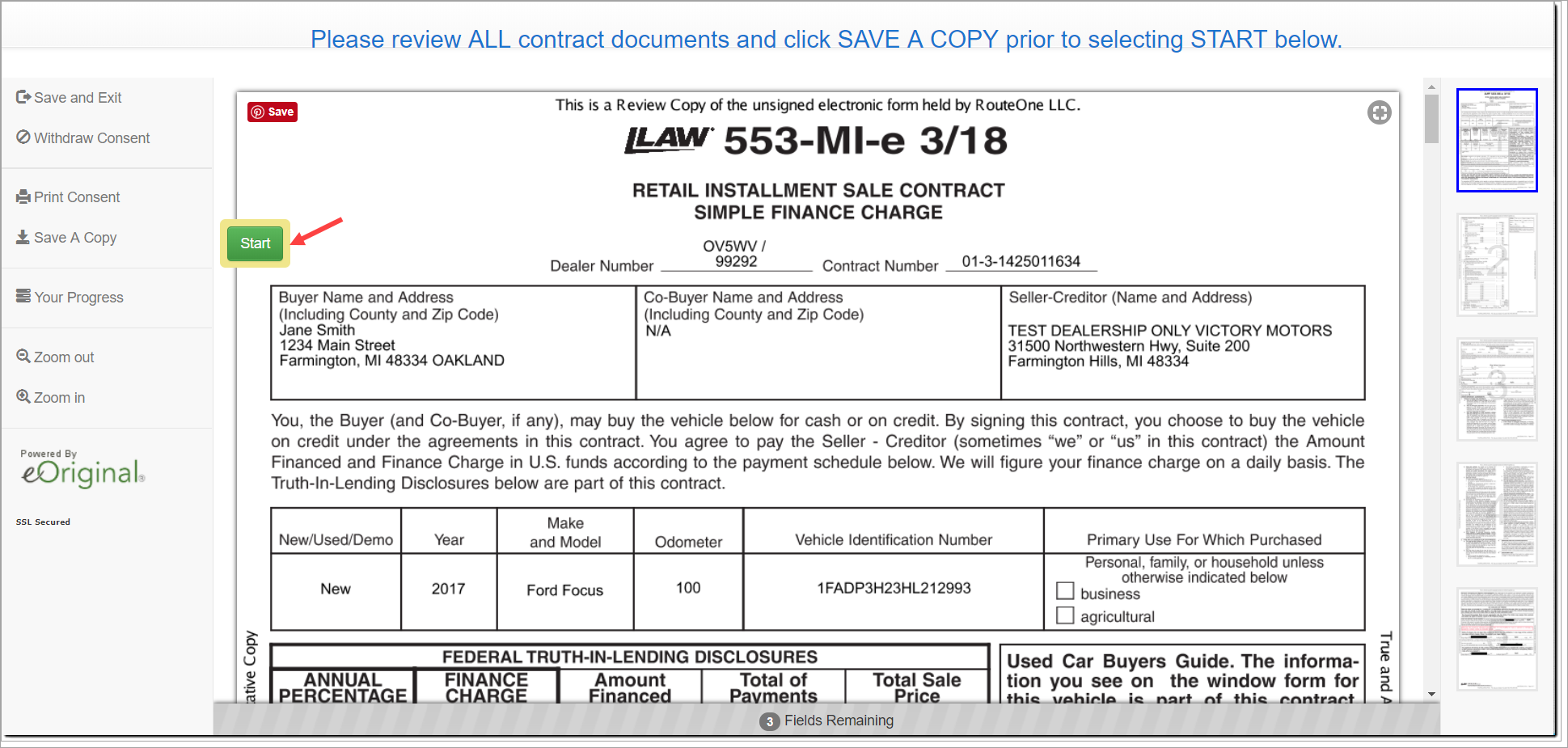 ‘Start’ button to review and sign contract documents
