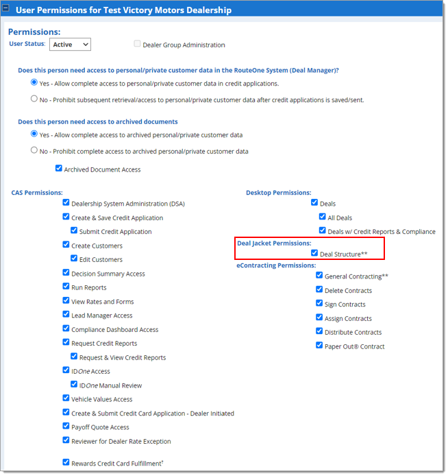 Box around ‘Deal Structure’ permission, with checkbox showing permission enabled. 