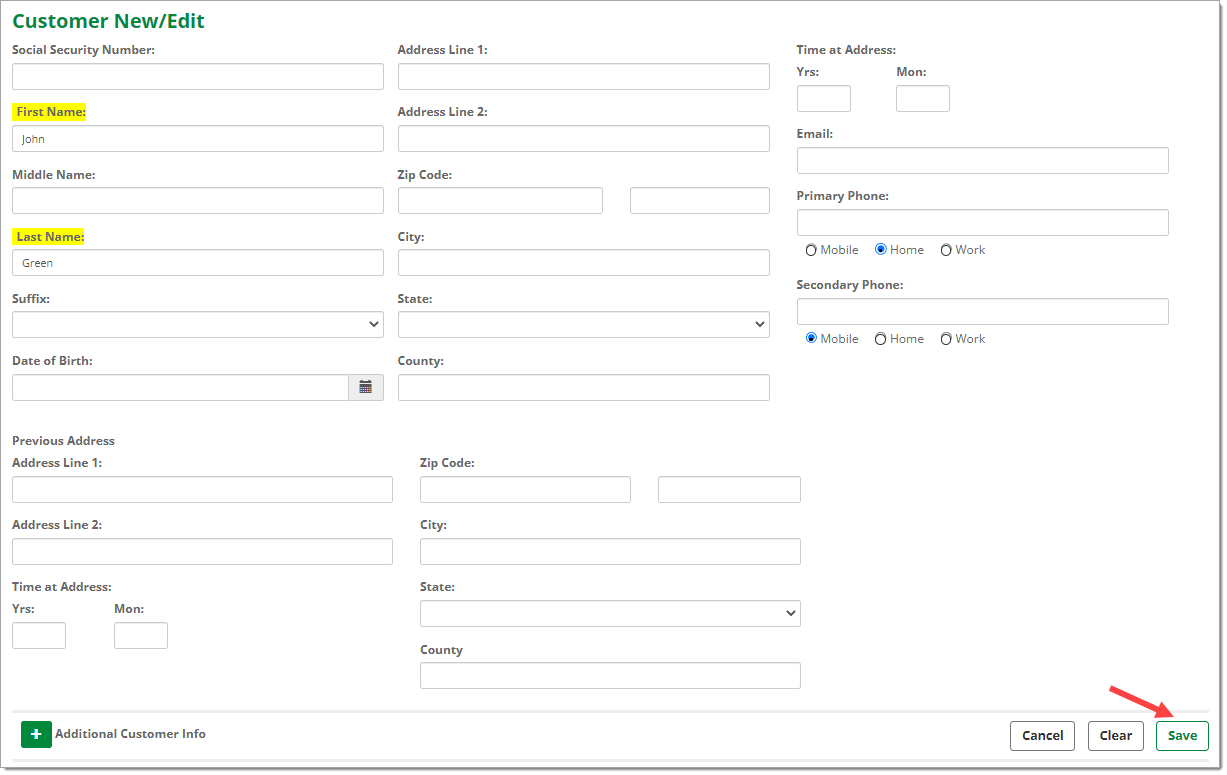 New/Edit customer information page and arrow pointing to ‘Save’ button. 