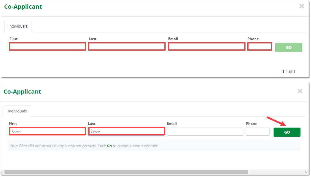 Boxes around customer information fields. Boxes around customer information input into fields, and arrow pointing to ‘Go’ button.  