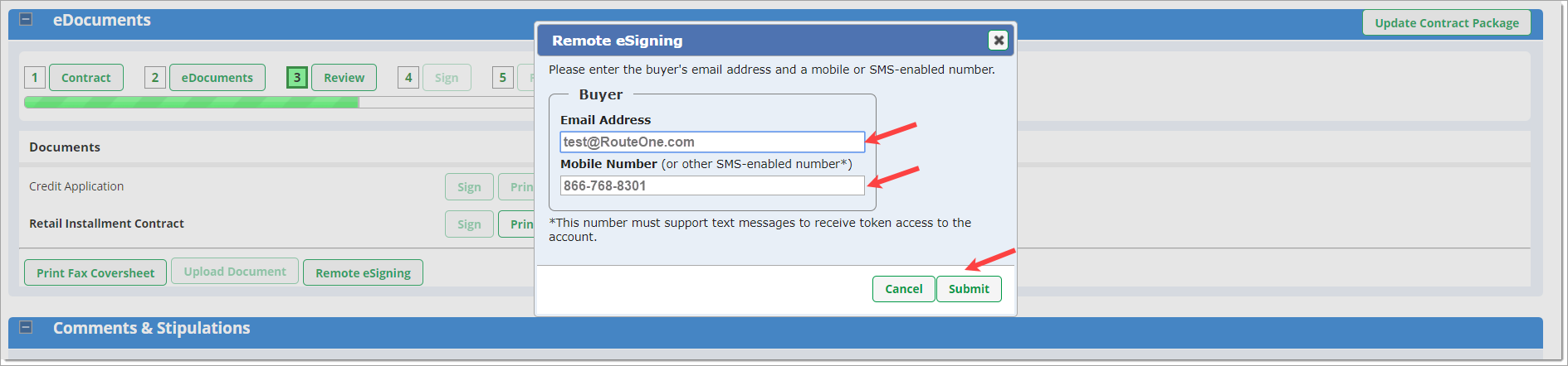 Arrows pointing to buyer information and 'Submit' button.