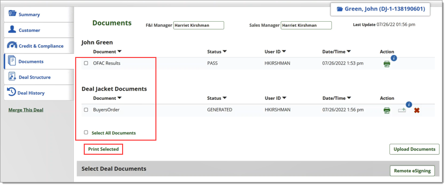 Box around selectable documents. Box around ‘Print Selected’ button.  