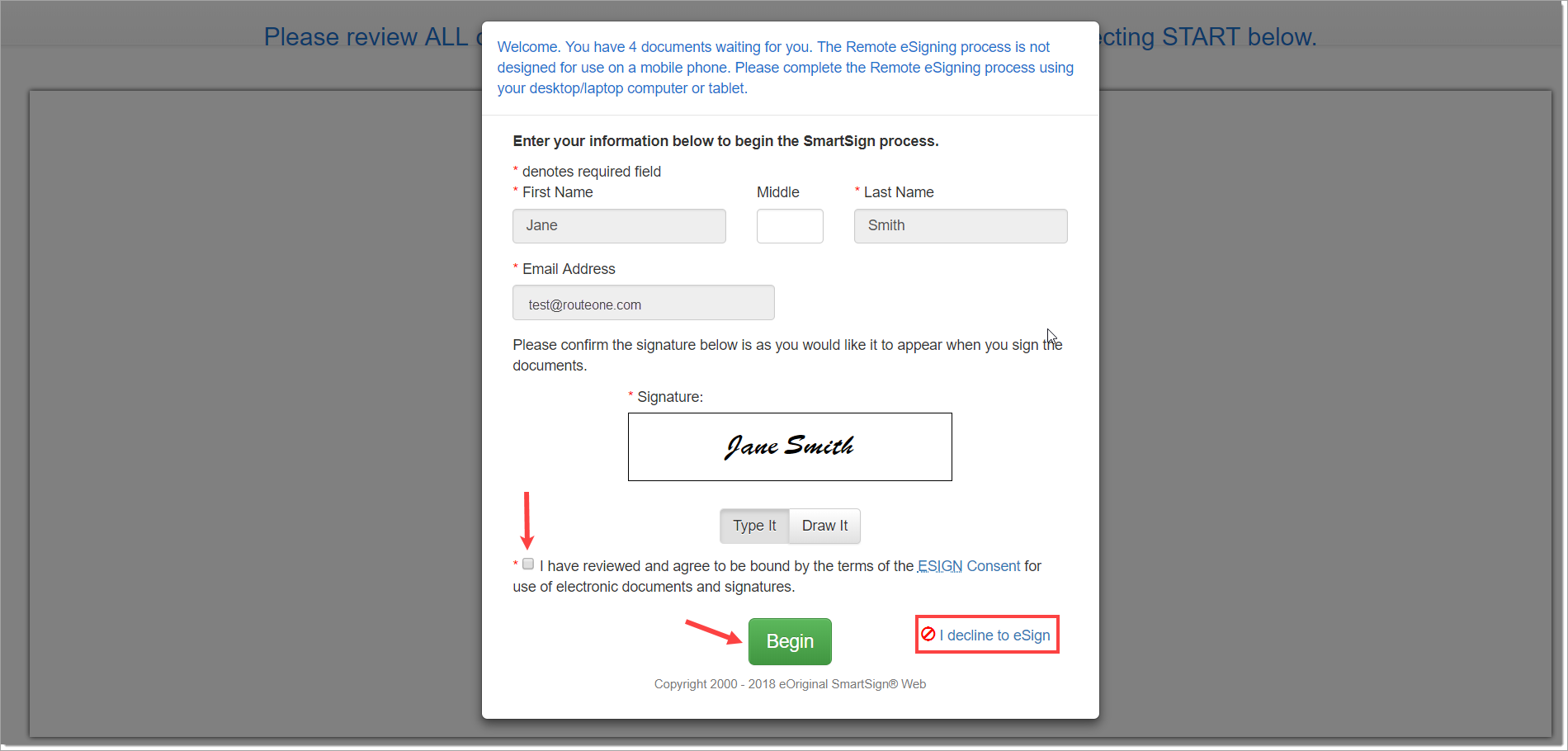 Checkbox to accept ‘ESIGN Consent,’ ‘Begin’ signing