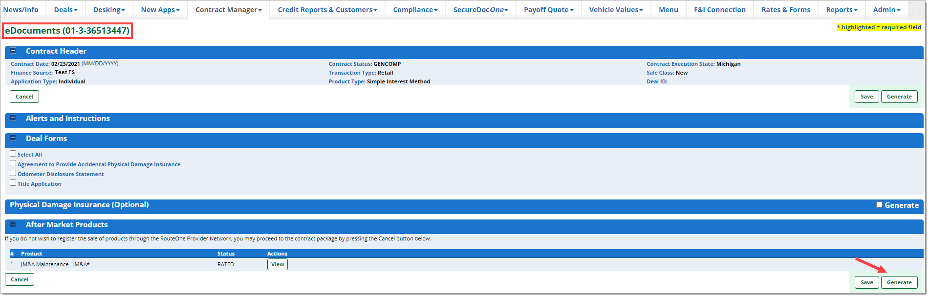 The eDocuments page with the title highlighted by a box and an arrow pointing to the ‘Generate’ button in the bottom right.