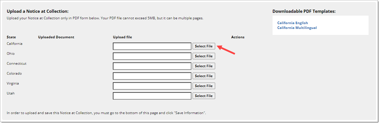 Arrow pointing to ‘Select File’ button. 