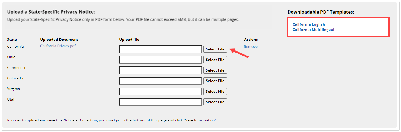 Box around ‘Download English PDF Template’ and ‘Download Multilingual PDF Template.’ Arrow pointing to ‘Select File’ button. 