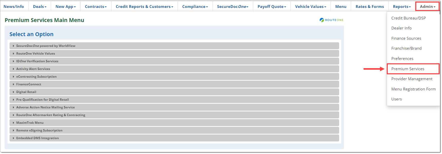 The top menu with the ‘Admin’ tab expanded and highlighted by a box, and the ‘Premium Services’ option highlighted by an arrow and box.