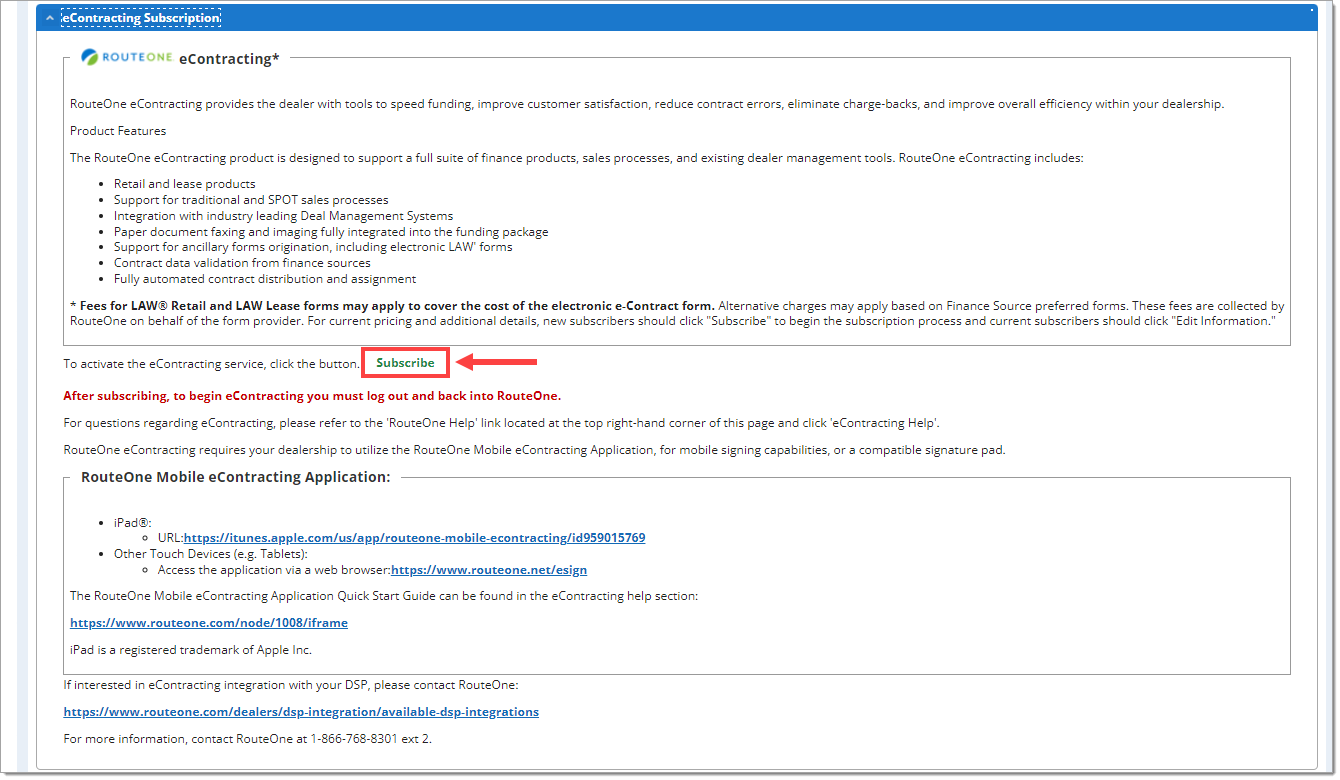 The ‘eContracting Subscription section with an arrow and a box highlighting the ‘Subscribe’ button.