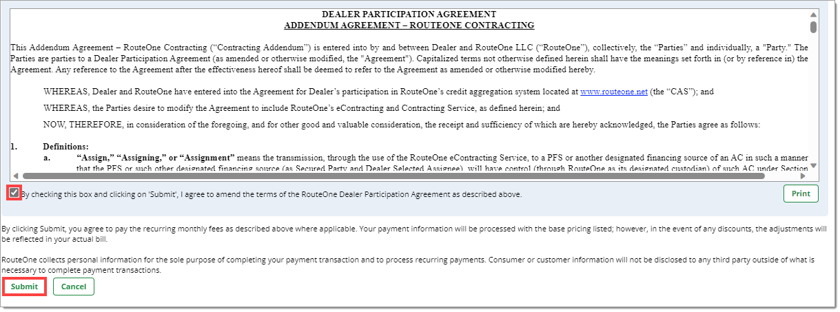 The Dealer Participation Addendum Agreement with a box highlighting the checked acknowledgement checkbox and a box highlighting the ‘Submit’ button.