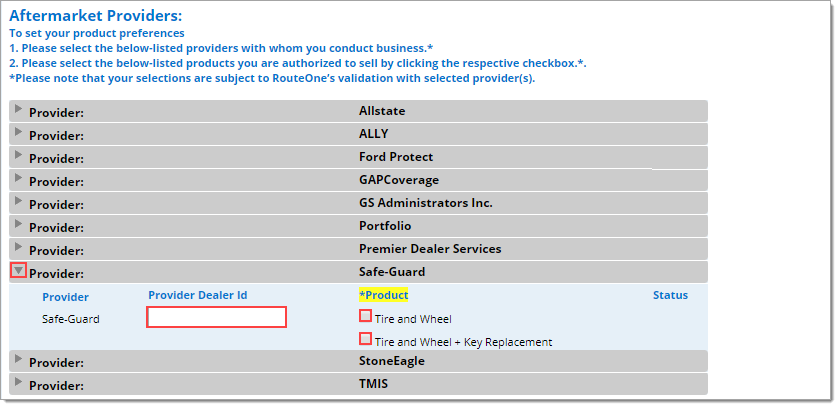 Box around arrow to expand ‘Provider’ area. Box around ‘Provider Dealer Id.’ Box around 'Tire and Wheel’ checkbox. Box around ‘Tire and Wheel + Key Replacement’ checkbox. 