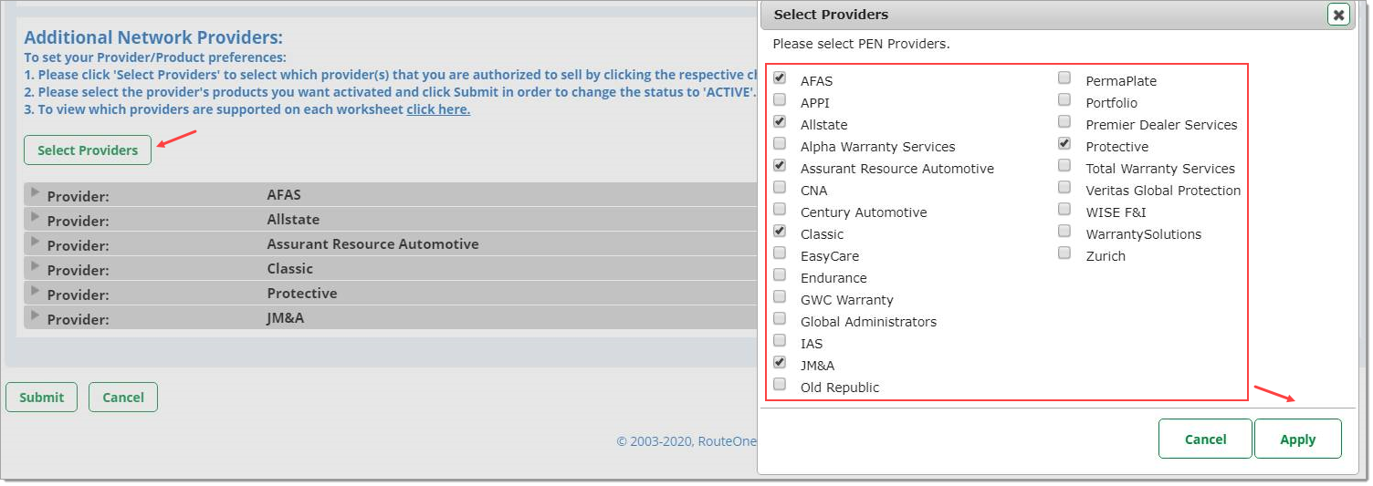 Arrow pointing to ‘Select Providers’ button. Box around provider options. Arrow pointing to ‘Apply’ button. 