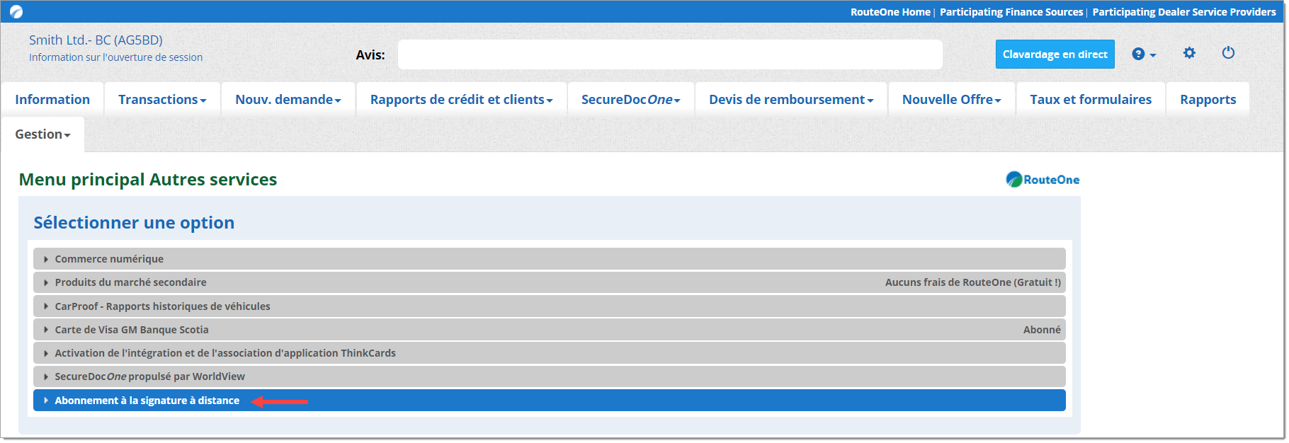 La page « Menu principal Autres services », avec flèche pointant vers l’option « Révision de l’abonnement à la signature électronique à distance ».