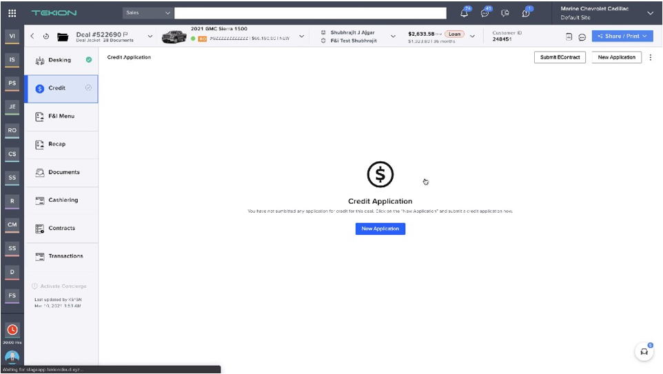 Tekion User Guide start a credit application screen shot