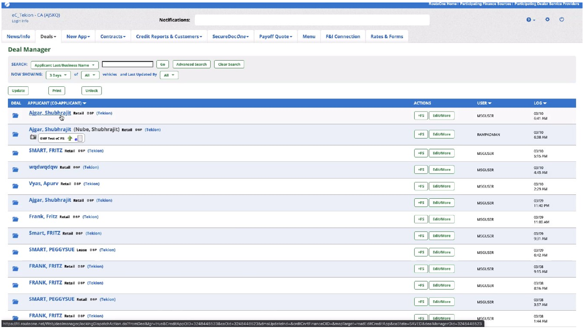 Tekion User Guide Submitted Credit Application Screen Shot