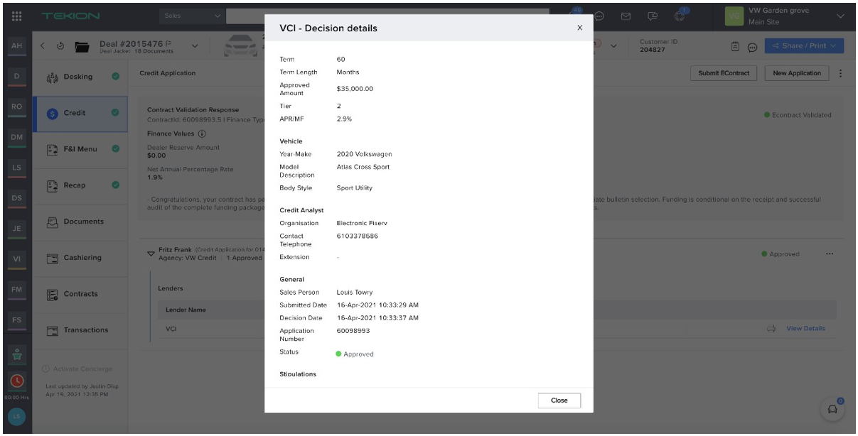Tekion User Guide credit decisions received in Tekion