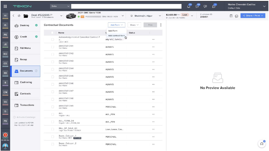 Tekion UI indicating Add Contract form