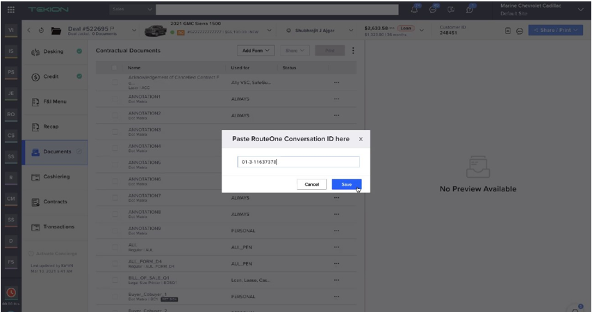 RouteOne Conversation ID popup