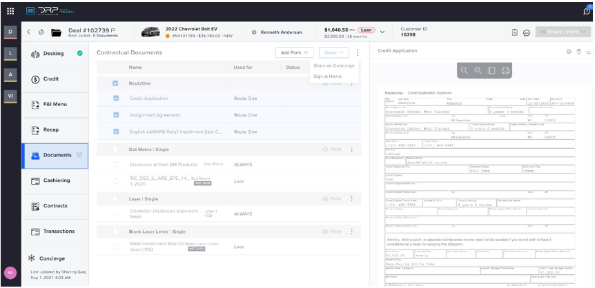Tekion documents shared with Consumer over Concierge