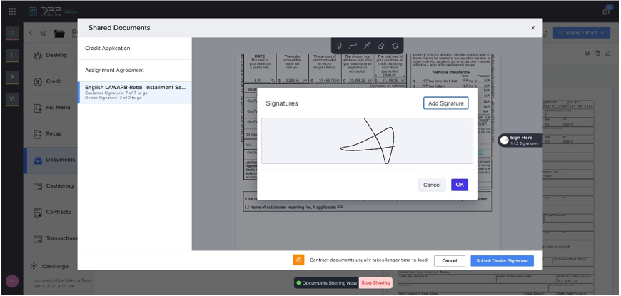Tekion documents signed by dealer and sent to RouteOne
