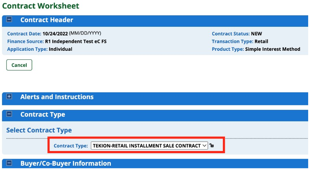 Contract worksheet showing "Tekion-Retail Installment Sale Contract""