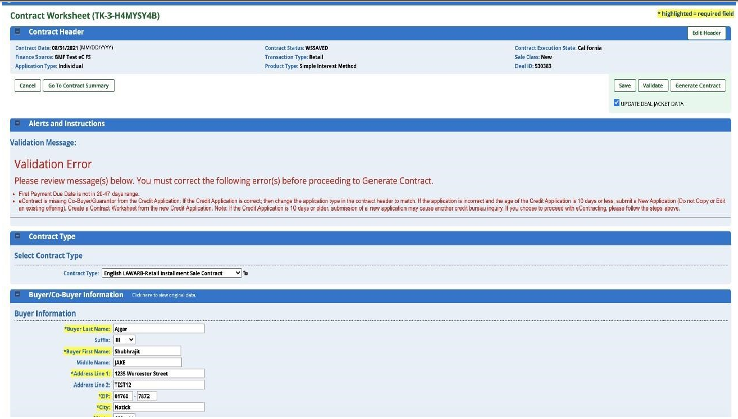 Contract worksheet showing Validation Error message