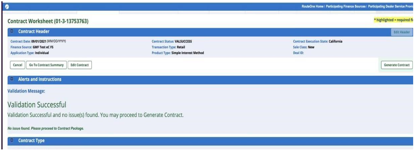 Contract worksheet showing Validation Successful message