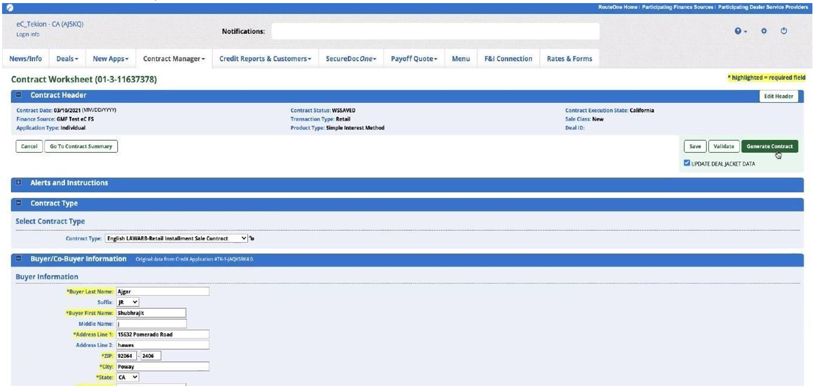 Tekion user generate contract worksheet