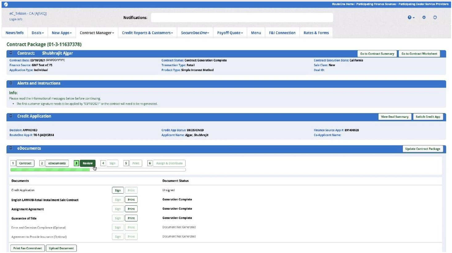 Tekion contract worksheet indicating Review button in green