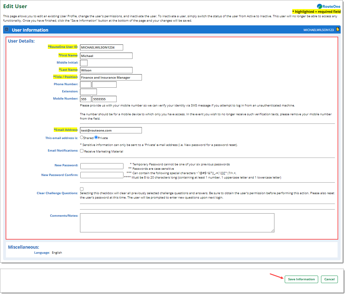 Box around ‘User Details,’ and arrow pointing towards ‘Save Information’ button