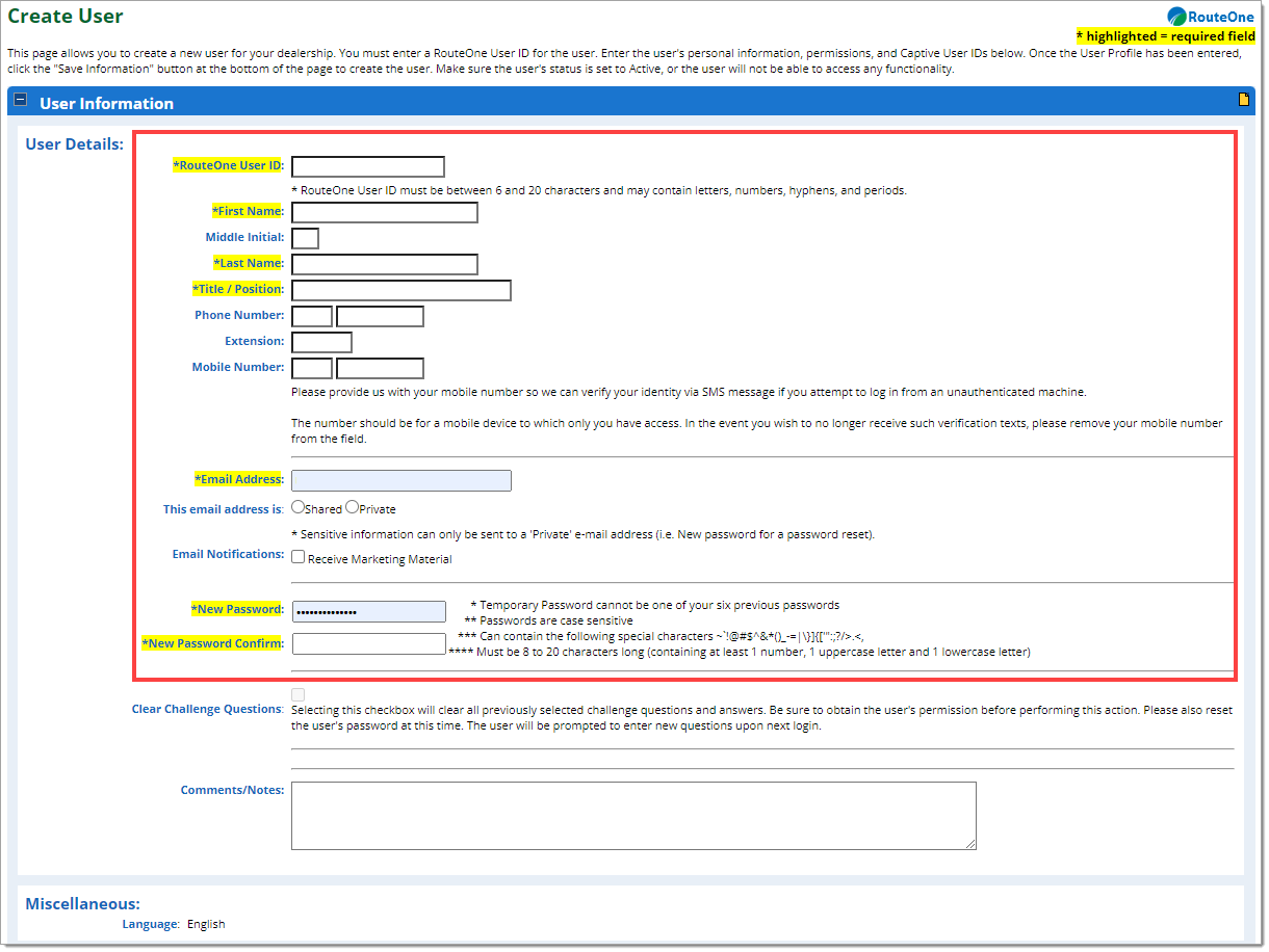 Box around ‘User Details’ and the required fields highlighted in yellow