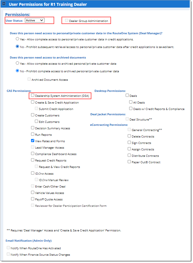 Boxes around ‘User Status’ dropdown and ‘Dealer Group Administration’ checkbox