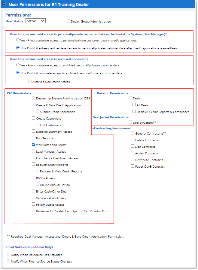 Boxes around Deal Manager permission, to archived documents permission, CAS Permissions, Desktop Permisions, and Deal Jacket Permissions