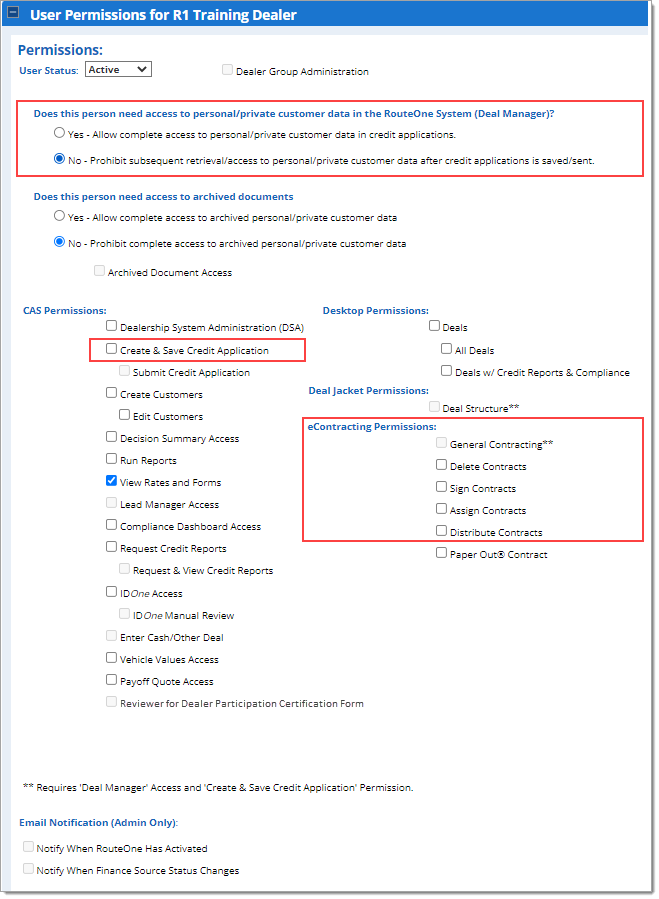 Boxes around Deal Manager permission, ‘Create & Save Credit Application,’ ‘General Contracting,’ ‘Delete Contracts,’ ‘Sign Contracts,’ ‘Assign Contracts,’ and ‘Distribute Contracts’