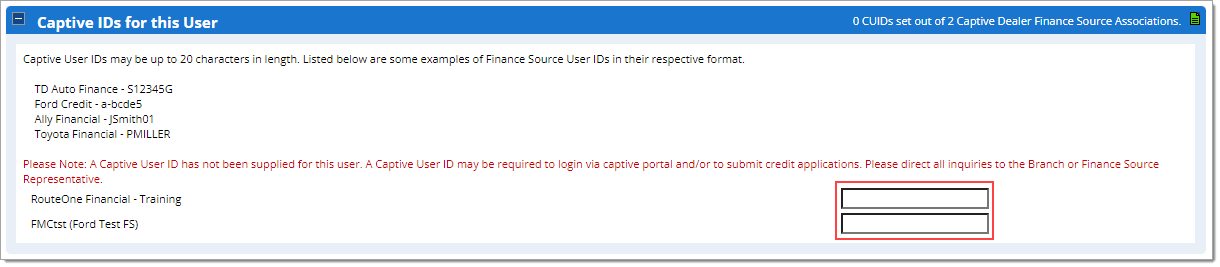 Box around fields to input Captive IDs for the user